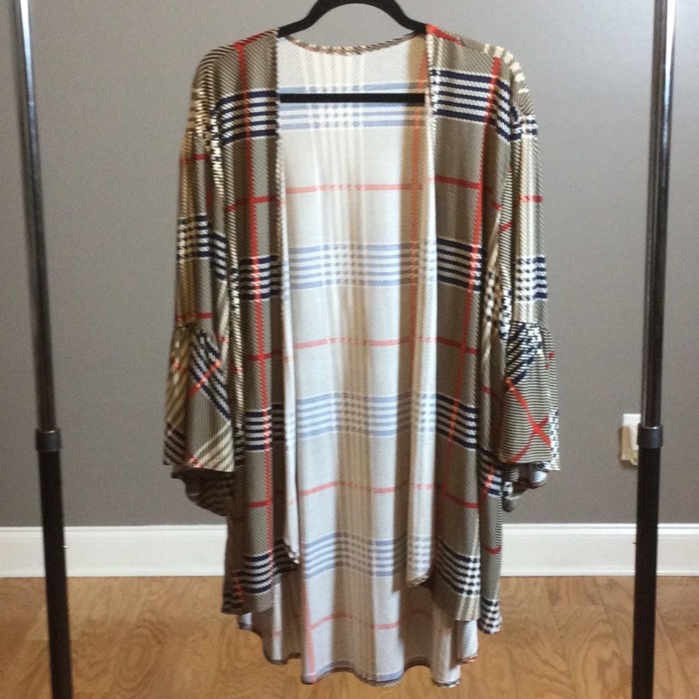 Plaid Open-Front Kimono Jacket in Beige and Cream